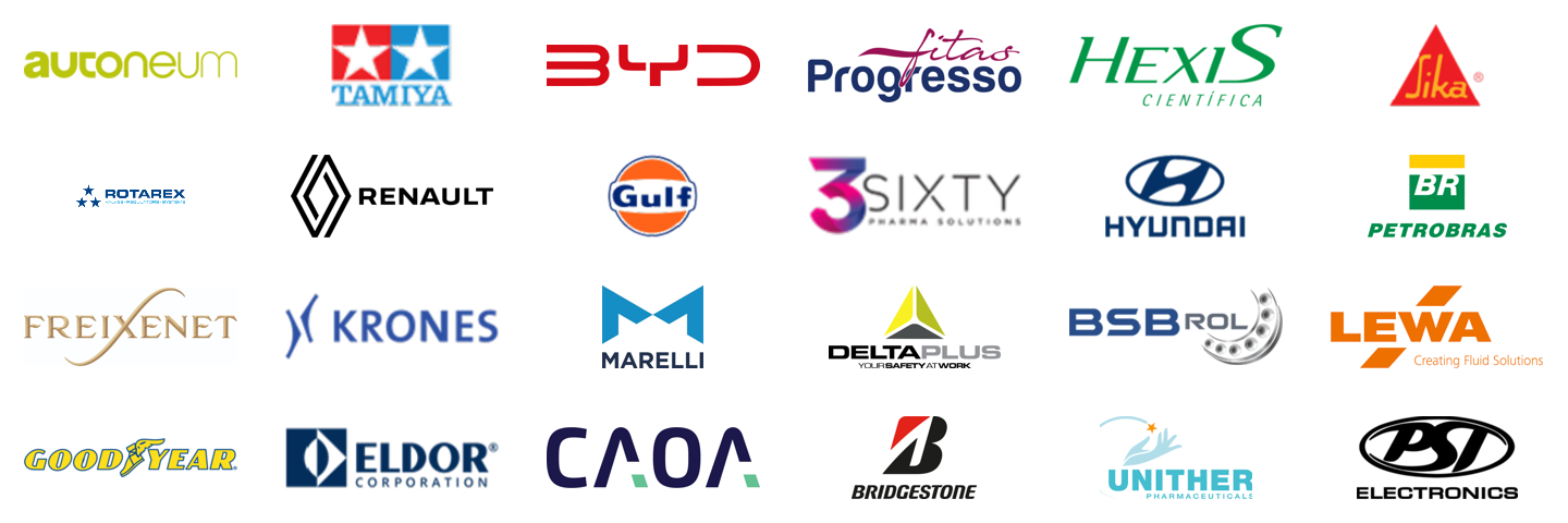Logos de clientes: Autoneum, Tamiya, BYD, Fitas Progresso, Hexis Científica, Sika, Rotarex, Renault, Gulf, 3Sixty Pharma, Hyundai, Petrobras, Freixenet, Krones, Marelli, Delta Plus, BSB Rol, Lewa, Goodyear, Eldor, CAOA, Bridgestone, Unither y PST Electronics